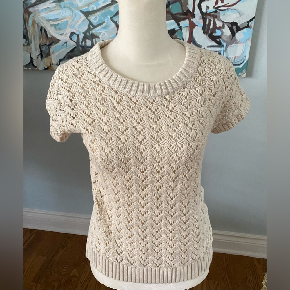 New! LOFT Petite Open Stitch Short-Sleeve Crew Sweater in Neutral